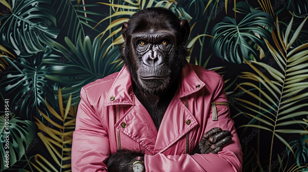Serious Monkey in Pink Jacket with Folded Arms, Against a Vibrant Tropical Leaves Background Serious Monkey in Pink Jacket with Folded Arms, Against a Vibrant Tropical Leaves Background