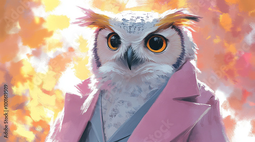 A white owl with a pink jacket and orange eyes looking at the camera.