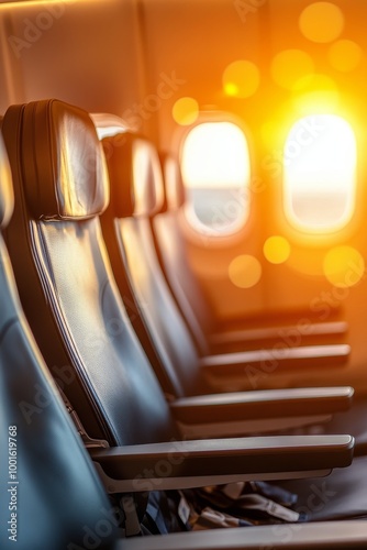Comfortable airplane seats with a scenic window view during a journey in brig...