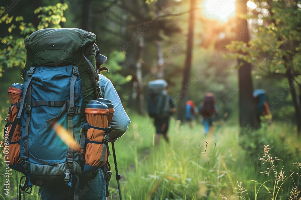 summer activities, Hiking in nature, Campers with backpacks hiking through the woods or setting up camp, summer activities, Hiking in nature, Campers with backpacks hiking through the woods or setting up camp,