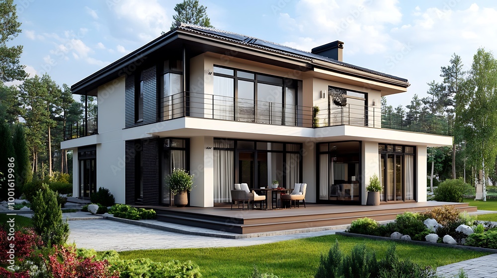 Fototapeta premium Modern two story house with large windows, balcony and patio. Exterior design with landscaping.