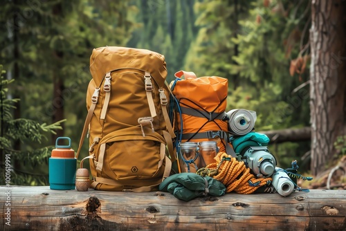 A backpack and camping gear are on a wooden table in the forest.