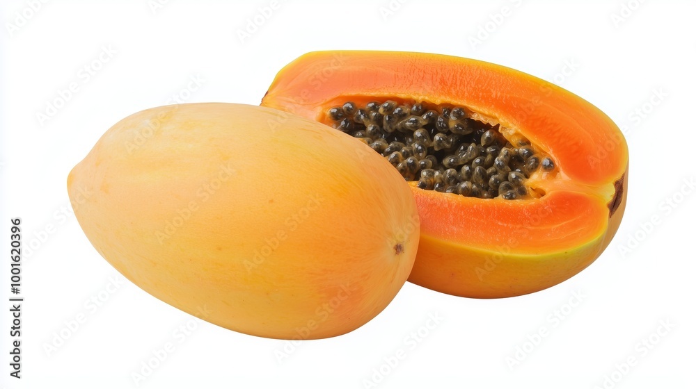 Close-Up of Two Papayas on White Background, One Whole and One Cut to Reveal Vibrant Orange Flesh and Seeds Close-Up of Two Papayas on White Background, One Whole and One Cut to Reveal Vibrant Orange Flesh and Seeds