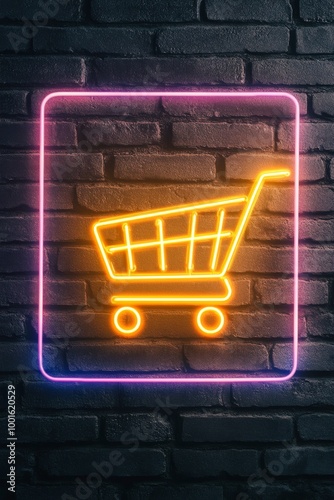 Neon shopping cart emblem glowing on a textured brick wall in an urban setting