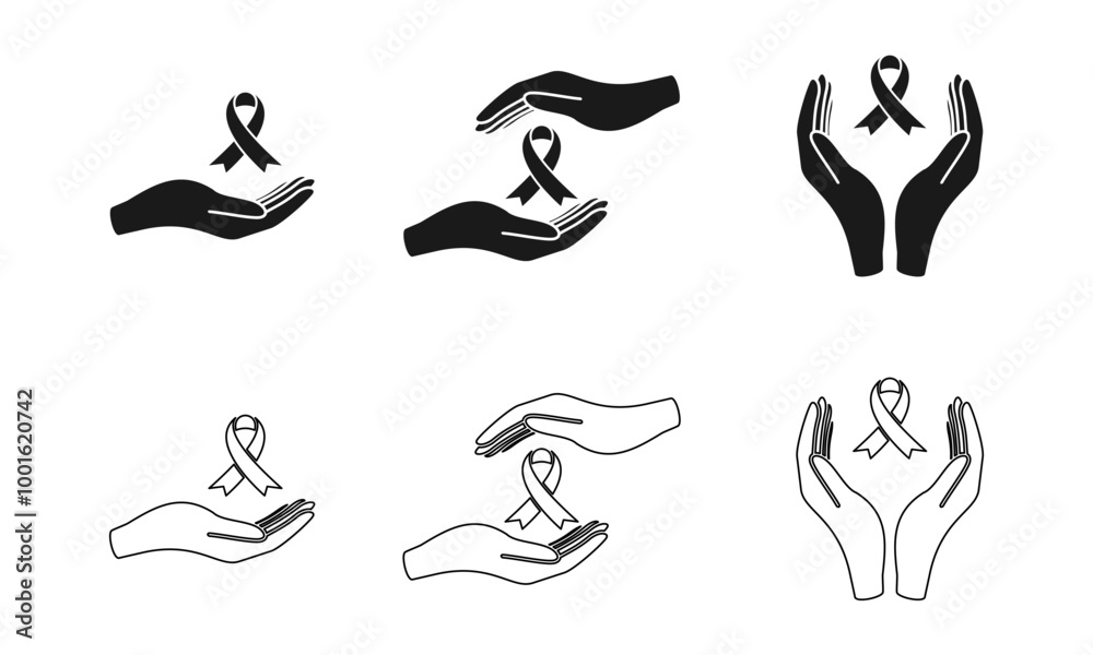 hand with ribbon cancer sign set vector illustration isolated on white background. hand with ribbon cancer sign set vector illustration isolated on white background.