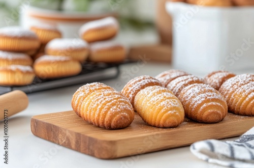 Freshly baked butter cookies dusted with powdered sugar on a wooden board in ...