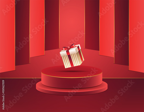 Elegant red podium with a gift box, perfect for Merry Christmas sale promotions and product displays. The luxurious gold accents add a touch of sophistication, perfect for marketing and event designs.