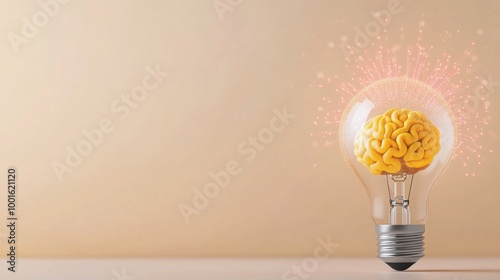 A creative light bulb with a colorful brain design symbolizing innovative ide...