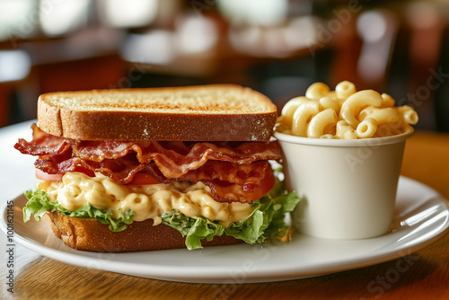 Close-up of a bacon and lettuce sandwich with tomato on a white plate, with a side dish of macaroni and cheese photo