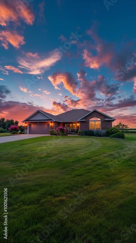 A residential home with a large lawn and adramatic sunset sky. photo