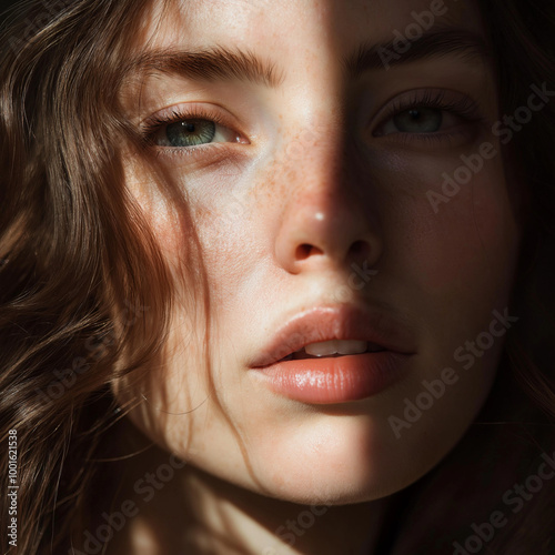 A close-up portrait illuminated by soft natural light, featuring a girl with light eyes, delicate freckles, a slender nose, and a small, gentle mouth that radiates beauty