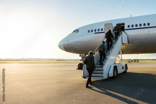 Passengers boarding the aircraft from the stairs of a passenger aircraft at the airport. photo