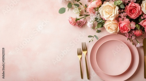 Elegant table setting with pink roses and golden cutlery for a special celebr...