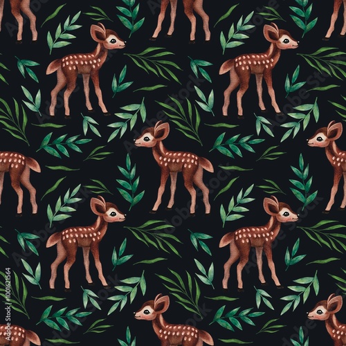 Watercolor seamless pattern with fawns. Little deer , baby pattern, baby print