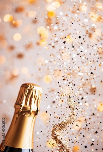 Sparkling champagne bottle with golden foil and festive background during a c...