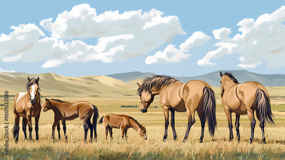 Comprehensive infographic the life cycle of equus ferus przewalskii przewalski's horse from foal to adult in mongolian steppe habitats with copy space and open space. Mongolian Steppes. Illustration Comprehensive infographic the life cycle of equus ferus przewalskii przewalski's horse from foal to adult in mongolian steppe habitats with copy space and open space. Mongolian Steppes. Illustration