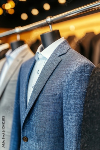 Business suits displayed in a stylish clothing store showcasing elegant fabri...
