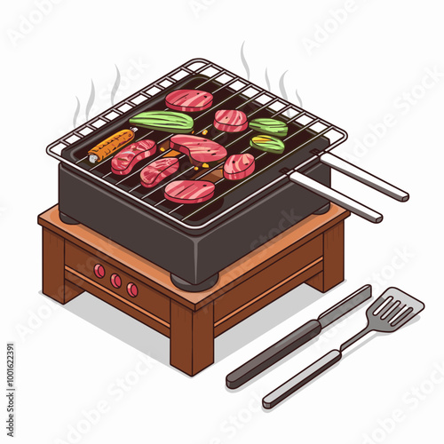 Korean BBQ Grill with Meat and Vegetables Vector Illustration