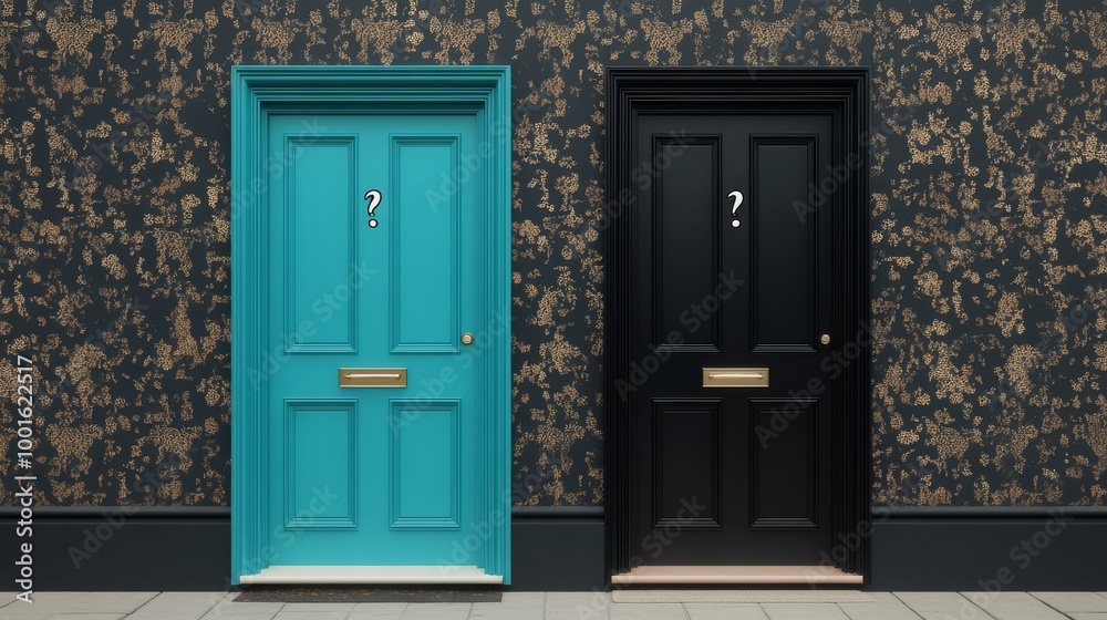 Fototapeta premium Two mysterious doors in a stylish interior with ornate wallpaper and intriguing question marks