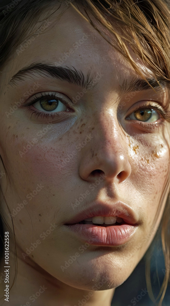Hyper Realistic Portrait Of A Young Woman With Freckles And Glossy Lips Illuminated By Dramatic Lighting Showcasing Detailed Skin Texture And Expression