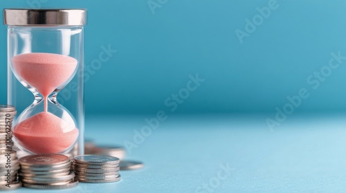 Time management with an hourglass alongside a stack of coins on a blue backgr...