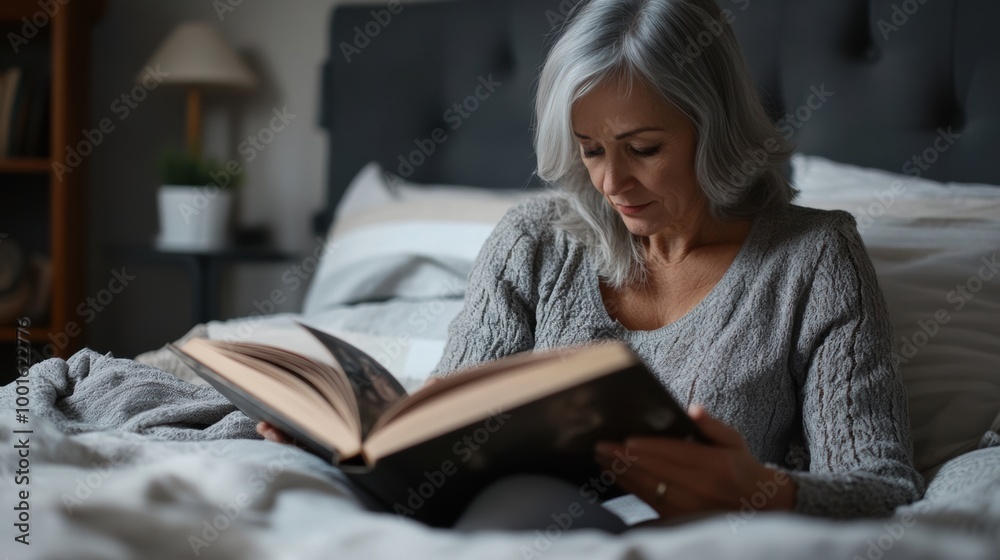 Relaxing in bed with a book during a cozy evening at home Relaxing in bed with a book during a cozy evening at home