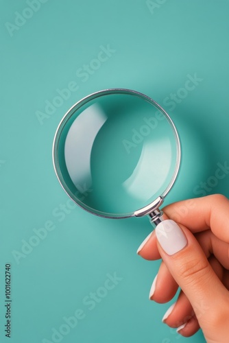 Hand holding a magnifying glass over a turquoise background for detailed exam...