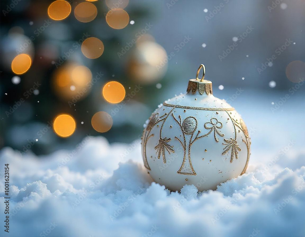 A white and gold Christmas ornament rests in the snow A white and gold Christmas ornament rests in the snow