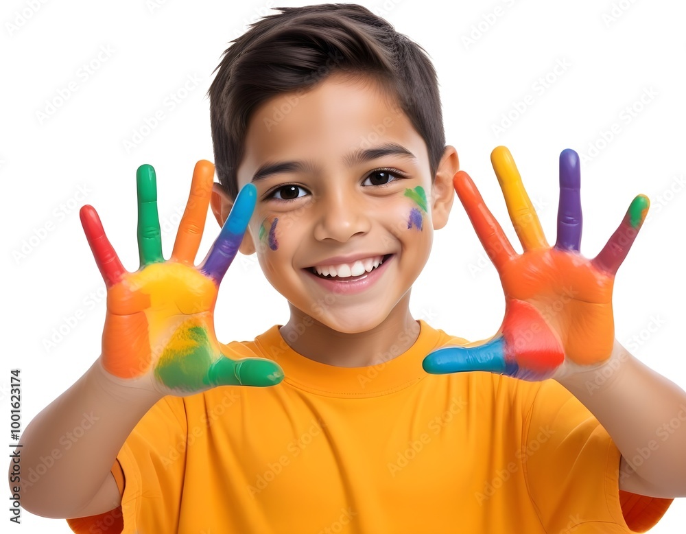 A young boy , smiling and showing his colorful painted hands in front of a white background A young boy , smiling and showing his colorful painted hands in front of a white background