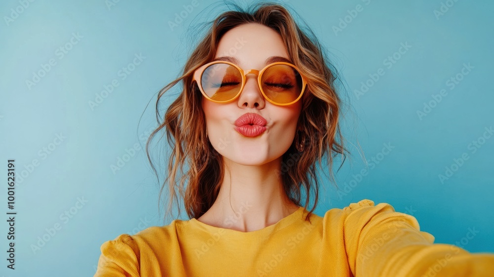 Woman in sunglasses making a kiss face against blue backdrop Woman in sunglasses making a kiss face against blue backdrop