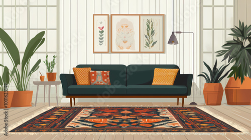 Eclectic interior design, a retro persian rug adds a vibrant touch to the muted decor of the minimalist boho-themed room, creating a striking visual appeal. Persian Rug Design. Illustration photo