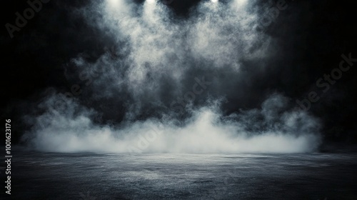 Foggy stage with dramatic lighting for a performance set in an empty venue at...