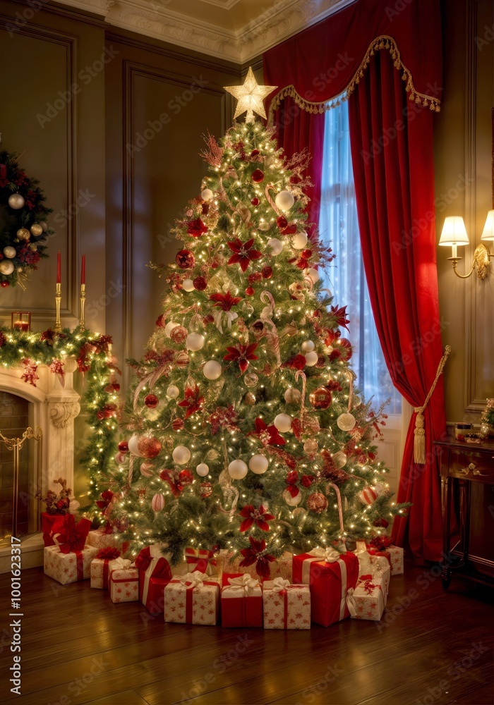 A large, elaborately decorated Christmas tree stands in the center of a cozy living room. A large, elaborately decorated Christmas tree stands in the center of a cozy living room.