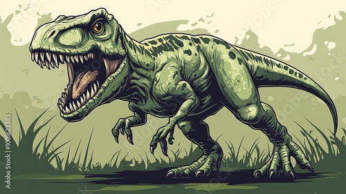 Tyrannosaurus Rex Dinosaur Illustration, Green and Grey, Roaring, Prehistoric Animal photo