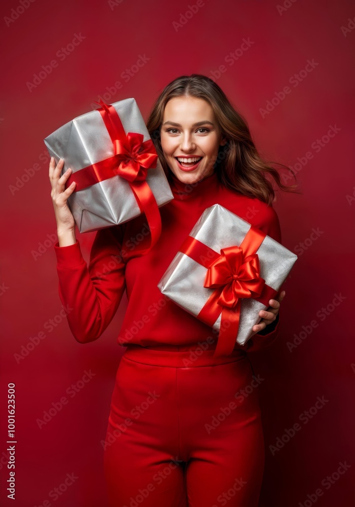 A woman is joyfully holding two silver-wrapped presents with large red ribbons. A woman is joyfully holding two silver-wrapped presents with large red ribbons.