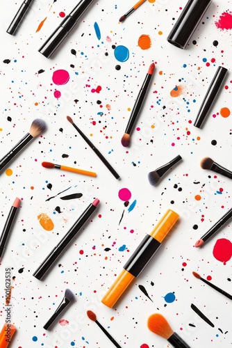 Colorful makeup brushes arranged artistically on a vibrant, splattered backgr...