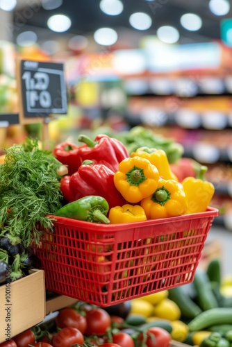 Fresh produce assortment in a shopping basket at a grocery store during daytime