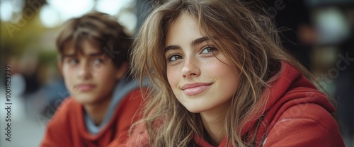 Young Woman Smiling with a Male Friend in the Background