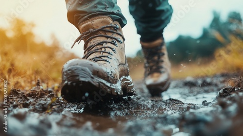 Hiker navigating a muddy trail during a rainy day in a forested area
