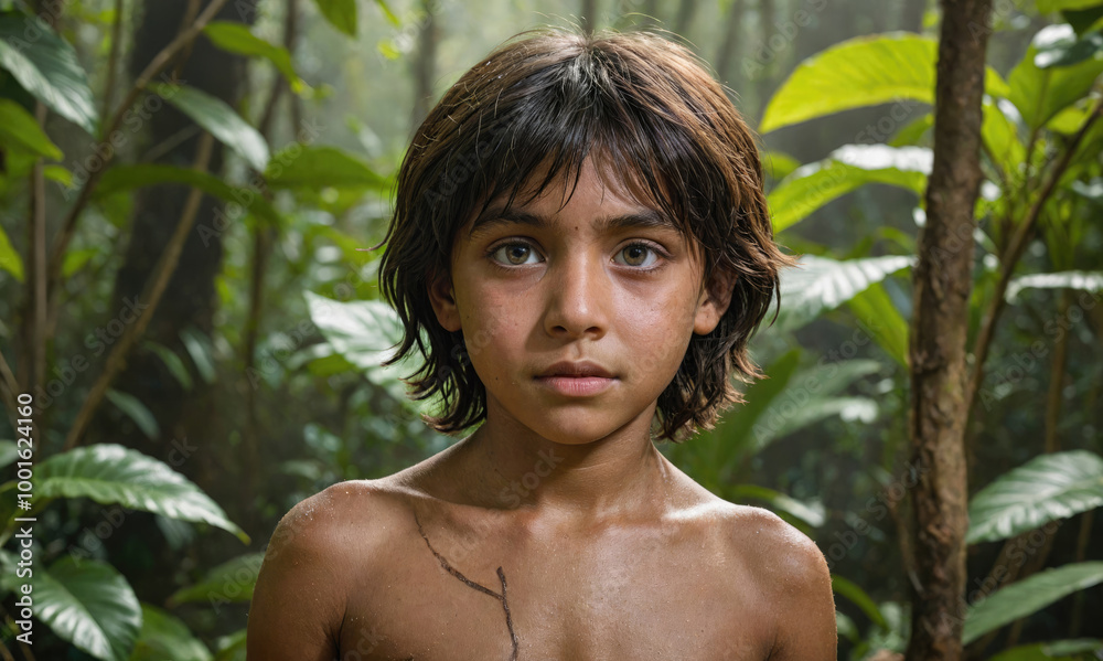 A young boy with brown hair and a green shirt is standing in a jungle