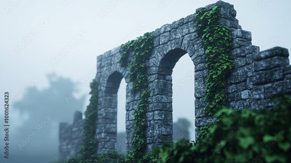 Ancient ruins in drifting fog, overgrown vines, 3D illustration