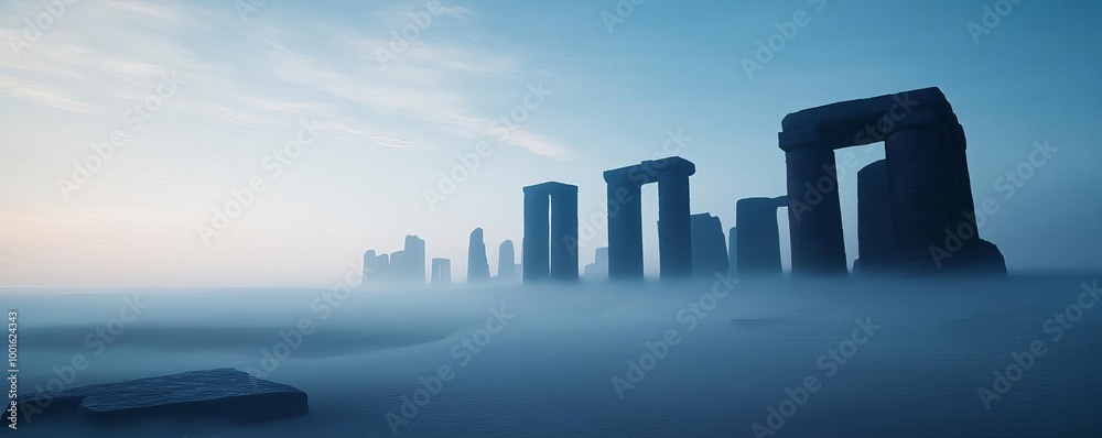 Fototapeta premium Ancient ruins shrouded in drifting fog, mysterious aura, 3D illustration