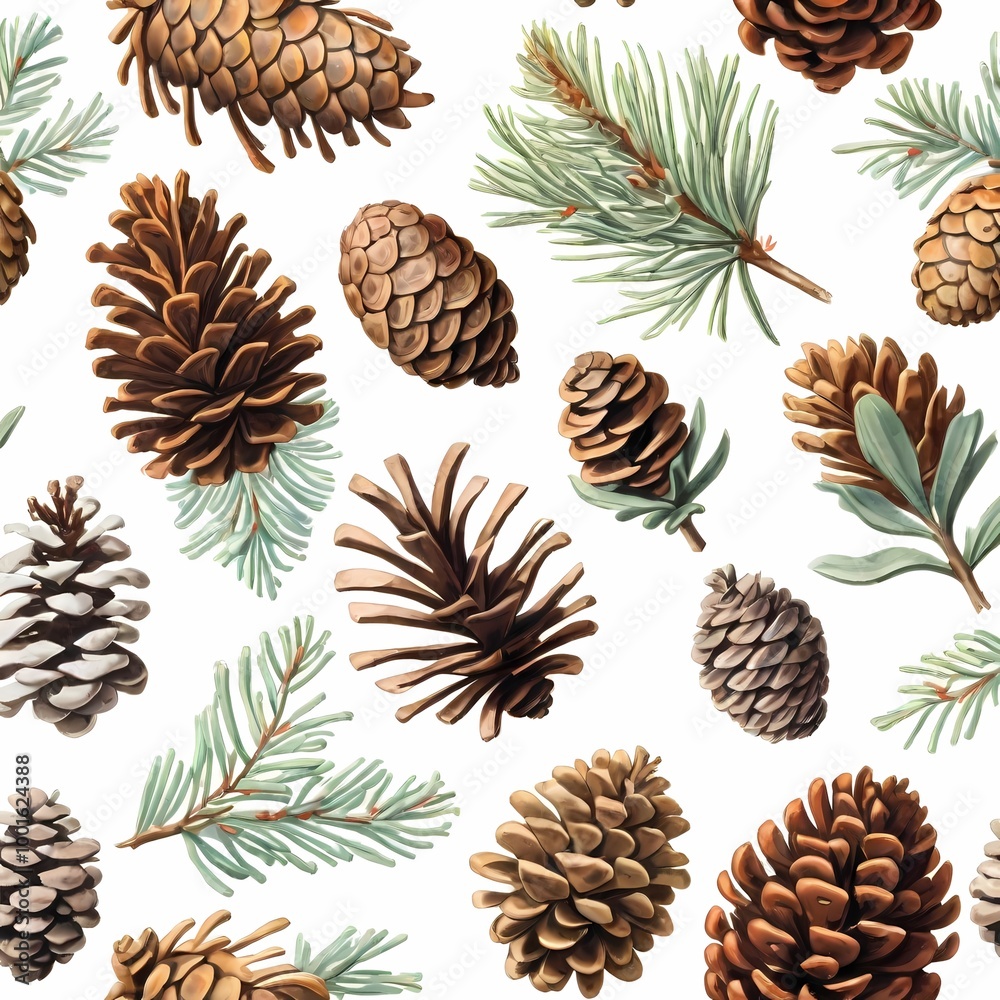 Seamless pattern of pine cones and branches in watercolor style Nature Woodland Christmas Winter on white background