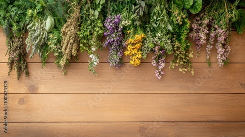 Hanging bunches of medicinal herbs background composition