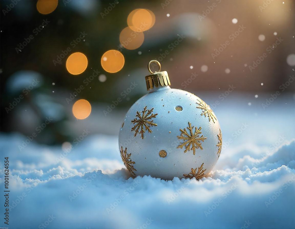 A white and gold Christmas ornament rests in the snow A white and gold Christmas ornament rests in the snow