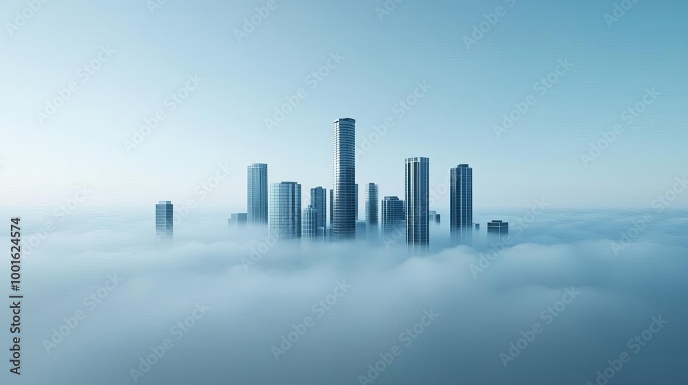 Fototapeta premium City skyline in drifting fog, skyscrapers emerging, 3D illustration
