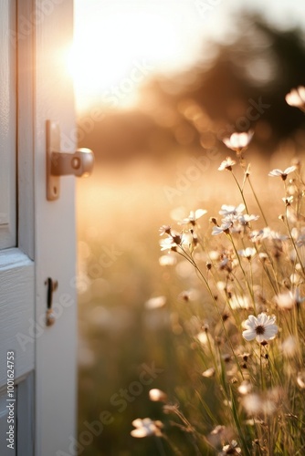 A serene open door framed by wildflowers at sunset in a tranquil meadow setting