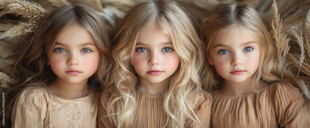 Obraz premium Three Little Girls with Blonde Hair and Blue Eyes