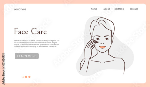 Face care landing page. Cosmetic moisturizing cream. Beauty routine. Website design template. Woman applying moisturizer. Facial skincare procedure. Outline girl head. Vector background