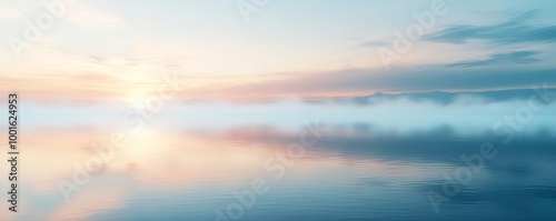 Dense fog drifting over a tranquil lake, reflections in water, 3D illustration